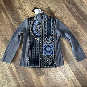 Bob Mackie wearable art leather knit jacket blue silver women's XXS NEW Turkish